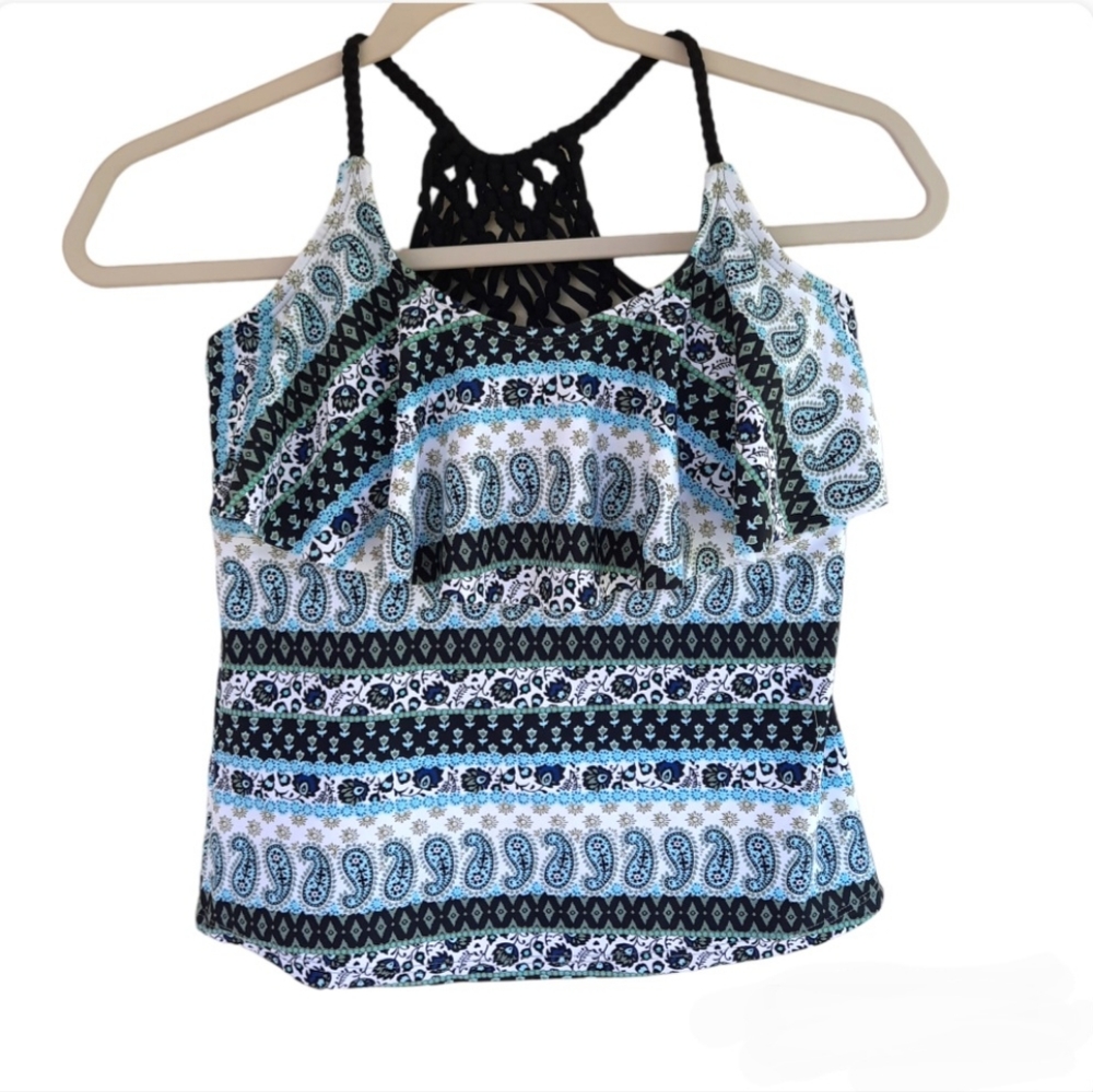 Arizona Olive Green Paisley Women's Ruffle Swimsuit Tank Top Braided Strap SZ M